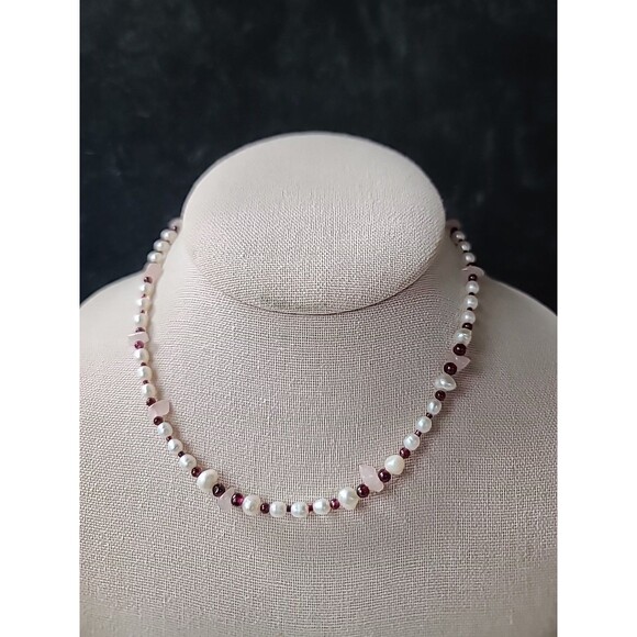 925 Sterling Silver Rose Quartz Garnet & Pearl Beaded Necklace Vintage - Picture 3 of 10